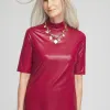 New Faux Leather Mock Neck Tee Tops