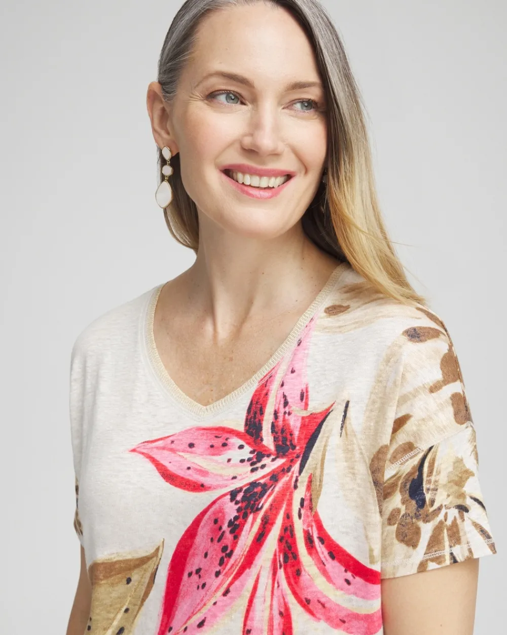 Best Sale Floral Sweater Trim Linen Tee Tops