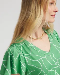 Cheap Green Lines Flutter Sleeve Tee Tops