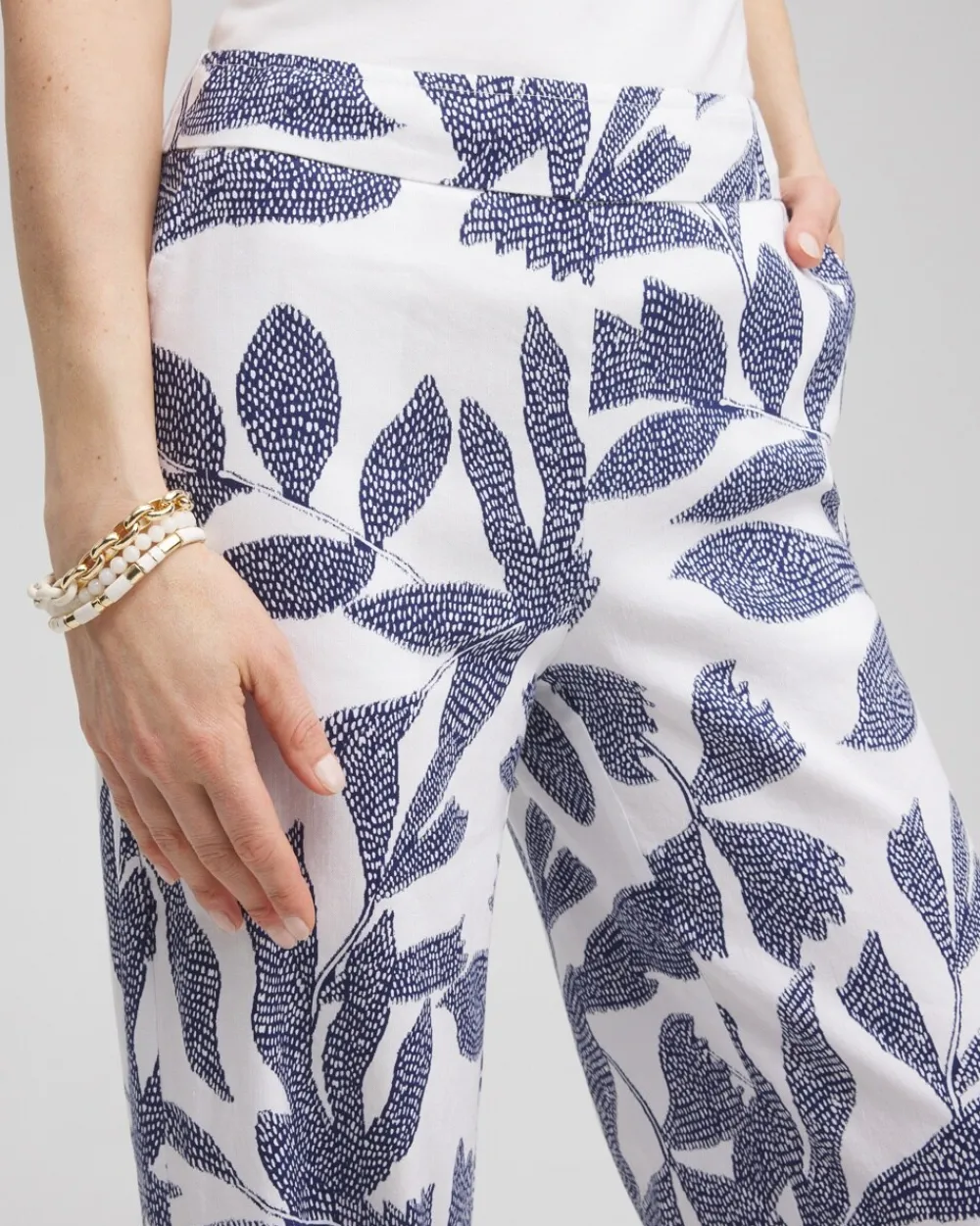 Sale Linen Blend Leaf Print Pants Pants