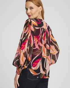 Fashion Pintuck Sleeve Orchid Print Blouse Tops
