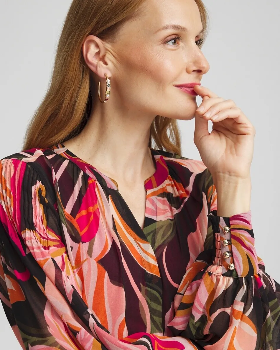 Fashion Pintuck Sleeve Orchid Print Blouse Tops