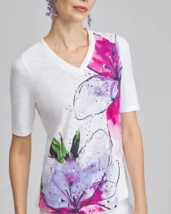 Best Sale Placed Floral Elbow Sleeve A-line Tee Tops