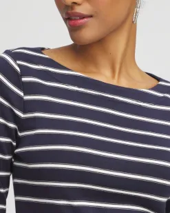 Online Stripe 3/4 Sleeve Bateau Neck Tee Tops