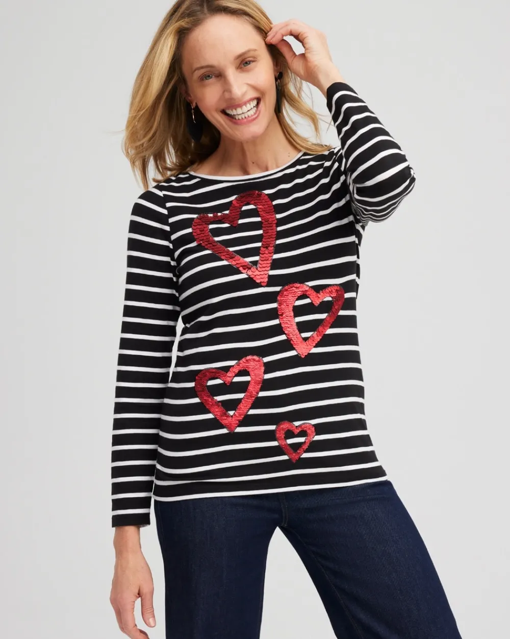 Sale Stripe Sequin Hearts Tee Tops