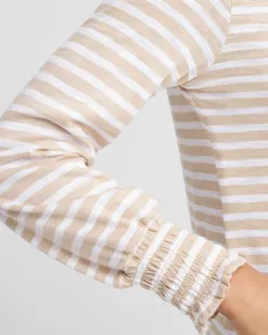 Discount Stripe Smocked Cuff Tee Tops