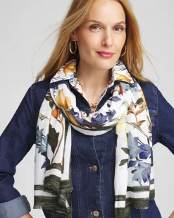 Cheap White Floral Oblong Scarf Scarves